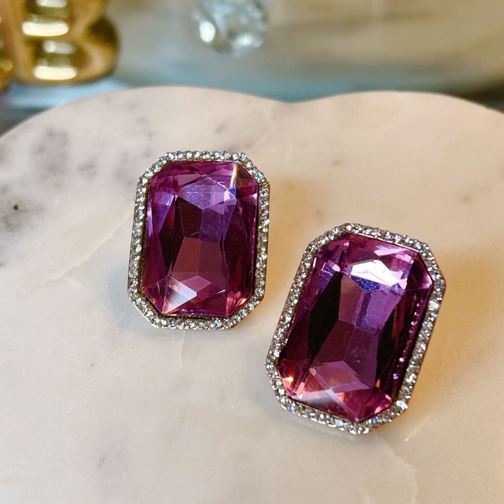 Purple 💜 crystal emerald cut halo earrings ~ 1” faceted - Picture 1 of 6